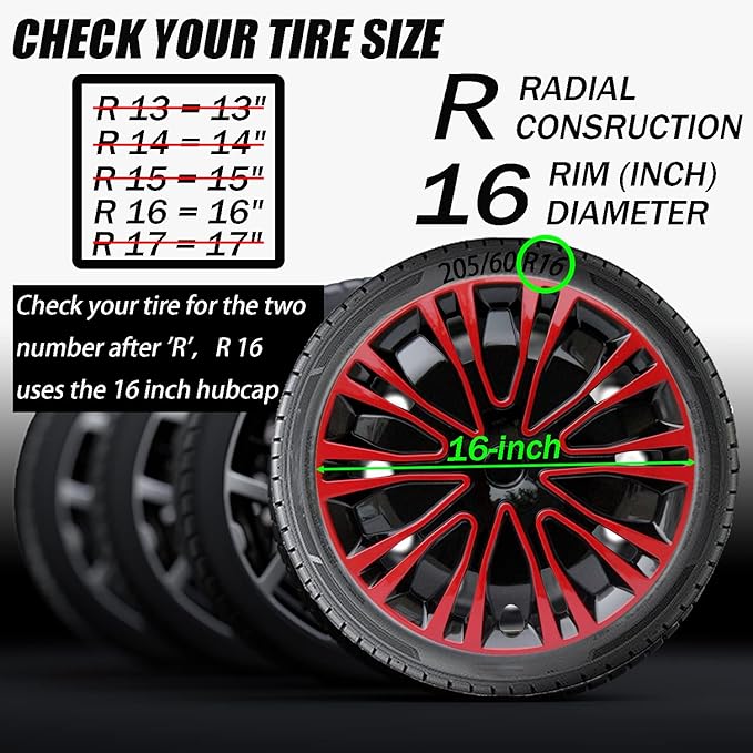 Hubcap Wheel Cover Replacement R16 Hub Caps Universal-Fit Steel Wheel Rim Cover ABS Material Exterior Accessories for Car Truck SUV -Set of 4（16-inch，Red-Black）