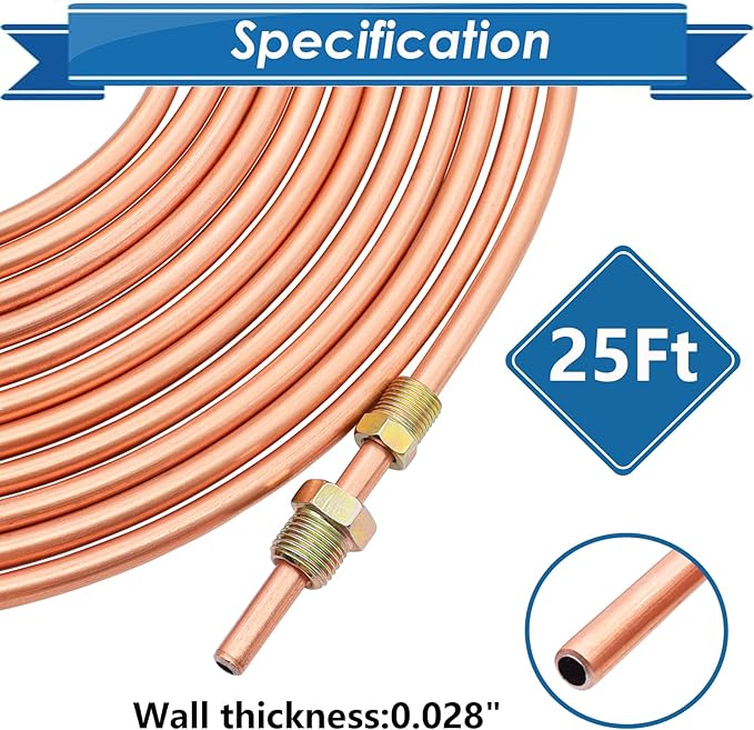 3/16inch x 25 ft Brake Line Tubing Kit Flexible Copper Coated Alloy Brake Line Tubing Coil with 18 Inverted Flare Fittings and 1 Unions SAE Standard