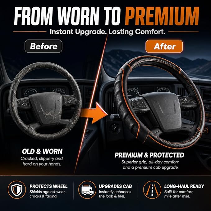 18 Inch Semi Truck Steering Wheel Cover for Freightliner Cascadia, Kenworth T680 T880, Peterbilt 579, Volvo VNL - Anti-Slip Carbon Fiber Grip - Carbon Orange