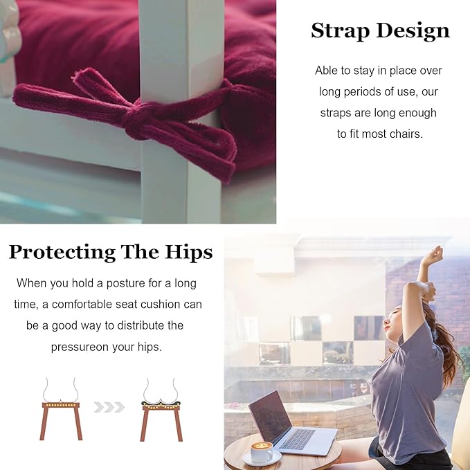 Set of 4 Chair Cushions for Dining Chairs with Ties, Indoor Non-Slip Kitchen Chair Pad and Dining Room Seat Cushion Mat for Office Living Room Outdoor 15.5" - Burgundy