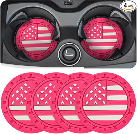 Osilly Car Cup Holder Coasters, 4 Pack American Flag Insert Car Cup Coaster, 2.75 Inch PVC Anti Slip Shockproof Embedded Drink Mat, Car Interior Decoration Accessories for SUV, Truck(Rose Red)
