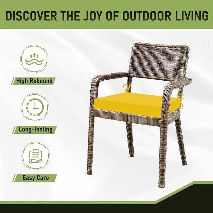 Basic Beyond Outdoor Chair Cushions Set of 6, Square Corner Outdoor Cushions for Patio Furniture, Water Resistant Patio Chair Cushions with 2 Ties, 18.5x16x3, Yellow Color