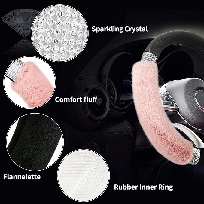 Achiou Rhinestone Fluffy Steering Wheel Cover - Comfortable Non-Slip Luxury Faux Wool, Universal Fit for 14.5" to 15" Steering Wheels
