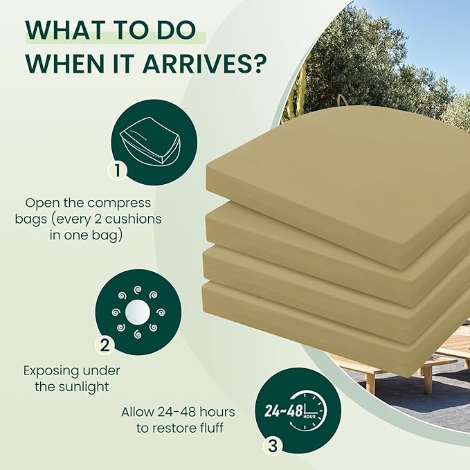HARBOREST Outdoor Chair Cushions Set of 4, Water Resistant Patio Chair Cushions with Ties, Outdoor Seat Cushions for Patio Furniture, 17"x16"x2", Khaki