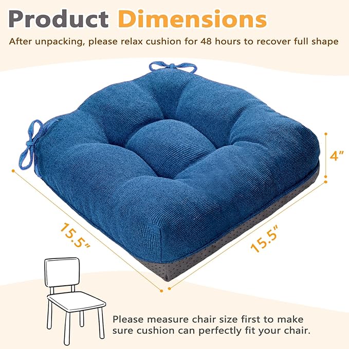 MAGIC ELEPHANT Chair Cushions for Dining Chairs, Memory Foam Kitchen Chair Cushions Set of 4, Non-Slip Thick Dining Room Chair Pads Seat Cushions, 15.5" x 15.5" x 4" (Blue)