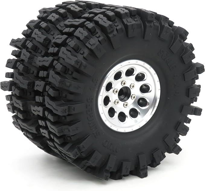 HOBBYSOUL 1.9 Crawler Tires and Wheels 120mm Soft Sticky 1.9 Mud Slingers Tires & 1.9 Beadlock Wheels Silver Rim for 1/10 RC Crawler Traxxas TRX4 Axial SCX10, (4 Pack)