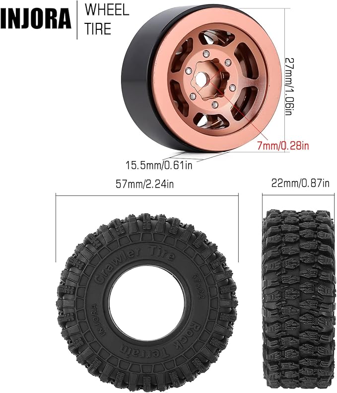 INJORA 1.0 Beadlock Wheel S5 Super Soft Sticky Crawler Tires for TRX4M Axial AX24 SCX24 FCX24 Enduro24 Upgrade, 57 * 22mm(Black＆Copper)
