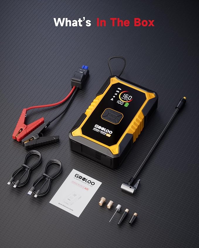 GOOLOO A5 Car Jump Starter with Air Compressor, 4000A Portable Car Jump Starter (All Gas/10.0L Diesel) with 160PSI Auto-Off Tire Inflator, 45W Output Power Bank,12V Battery Jumper Starter Portable