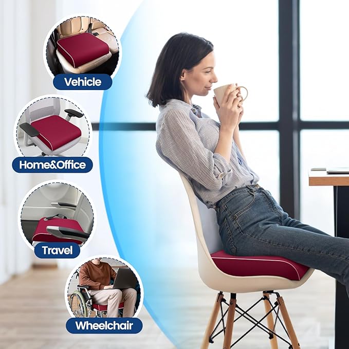 SweetSlubr Seat Cushion for Tailbone Pain Relief, Office Chair Cushion, Memory Foam Large Chair Cushion with Non-Slip Cover for Soft Support at Office Chair, Car Seat, Airplane Red/2X-Large
