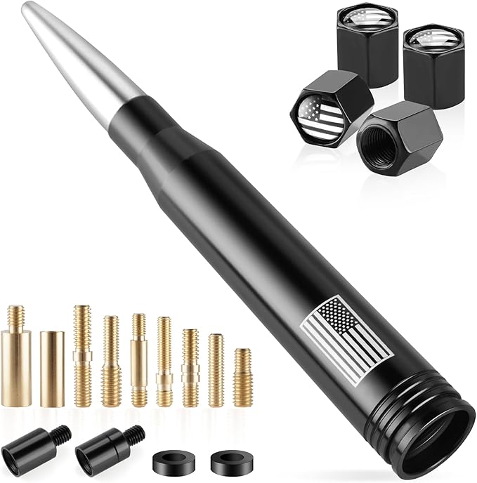 BJSIA American Flag Antenna for Truck with Valve Stem Caps - Universal Compatible with Ford, Dodge, Chevrolet, GMC, Jeep, Toyota Truck Car Accessories, Heavy Duty Pickup Trucks Accessories - Silver