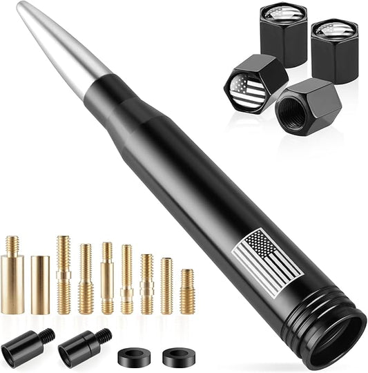 BJSIA American Flag Antenna for Truck with Valve Stem Caps - Universal Compatible with Ford, Dodge, Chevrolet, GMC, Jeep, Toyota Truck Car Accessories, Heavy Duty Pickup Trucks Accessories - Silver