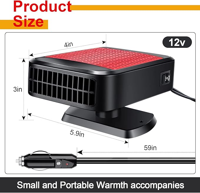 Car Heater,12V 200W Portable Car Heater 360°Rotation 2 in 1 Heating & Cooling Fan Windshield Demisting Defroster Plug Into Cigarette Lighter for All Cars（red）