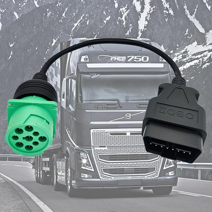 OBD2 to J1939 Green Type 2 Adapter Cable for Heavy Duty Trucks and Commercial Vehicles with 9 Pin to 16pin OBD II Truck Diagnostic Connector, Male