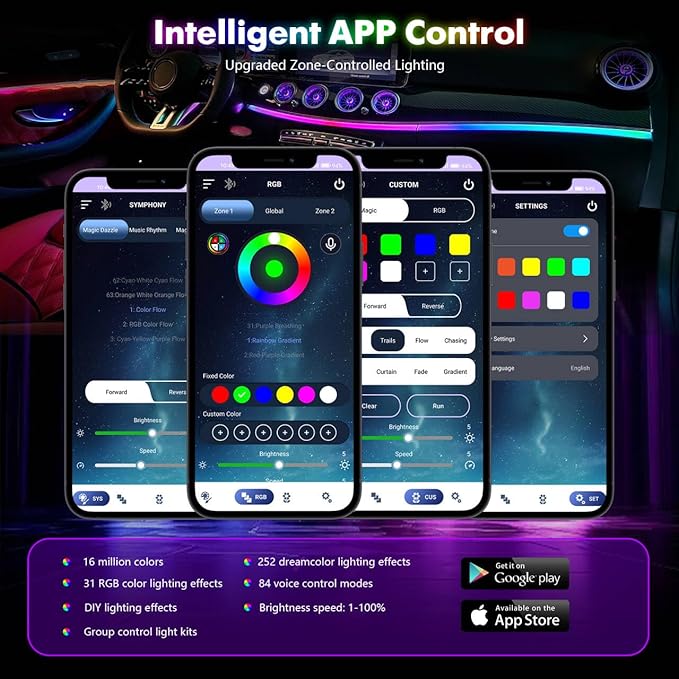 Dreamcolor Acrylic Car Interior Lights 10 in 1 RGB LED Strip Lights APP Control Zoned Control System 252 Color Modes DIY Fiber Optic Ambient Lighting Kits Music Car Neon Light Kits New Version
