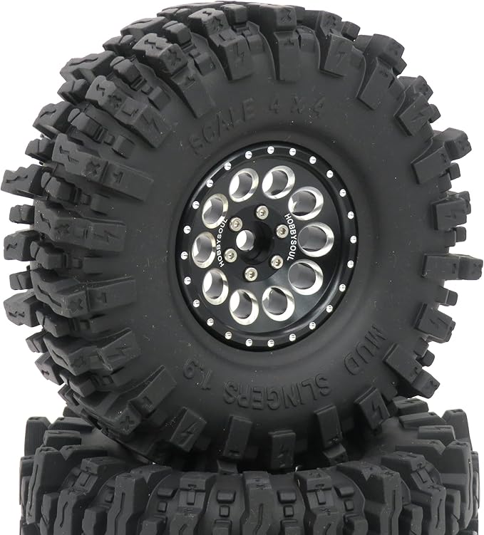 HOBBYSOUL 1.9 Beadlock Wheels and Tires Set 120mm Soft Sticky Mud slingers 1.9 Tires Wheels Black Rims for 1/10 rc Crawler Traxxas TRX4 Axial SCX10, (4 Pack)