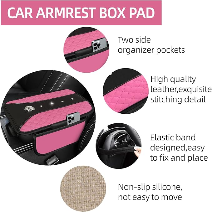 NBTEPEM 6 PCS Bling Car Accessories Set, Leather Steering Wheel Covers Universal 14.5-15 inch, Center Console Cover, Seat Belt Cushion, Cup Holder Coaster (Pink)