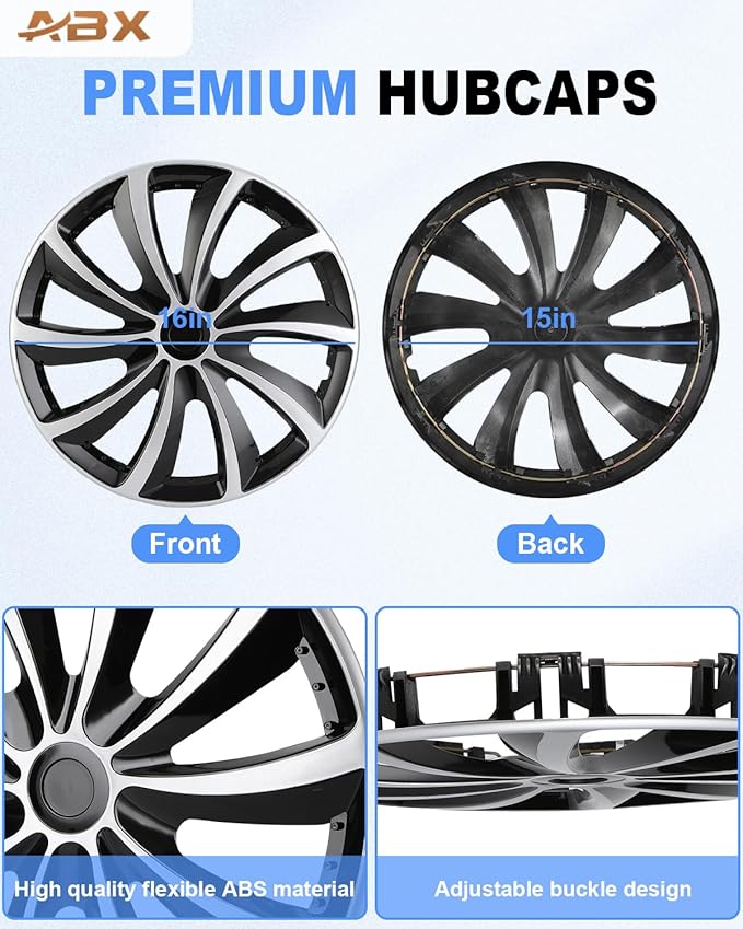 ABX Hubcap Wheel Covers Hub Caps 16 Inch Set of 4 Black & Silver Universal Wheel Rim Cover R16 Stylish Car Decor Wheel Covers for Toyota Camry Nissan Mazda (Black&Silver, 16 inch)