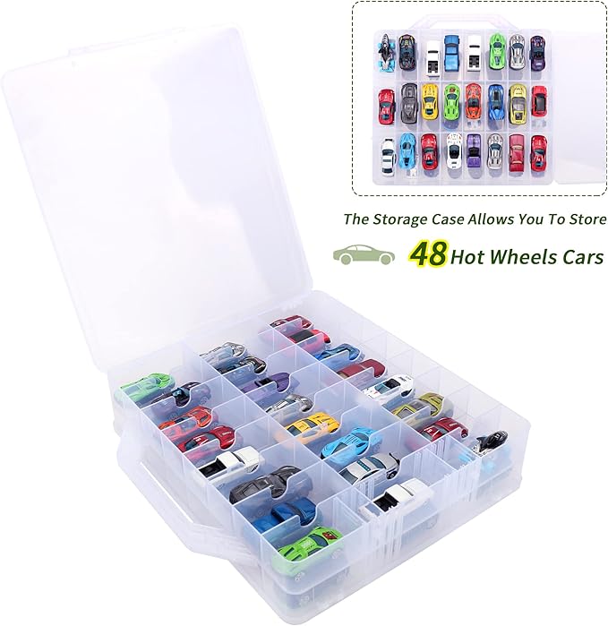 KISLANE Double Sided Toy Car & Doll Storage Case - 48 Compartments, Portable Transparent Case