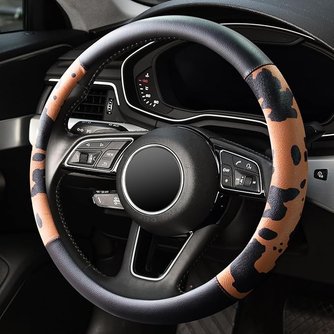 Cow Print Car Steering Wheel Covers, Breathable Microfiber Leather for Women and Men, Universal 15 inch Anti-Slip Steering Wheel Protector, Black Brown
