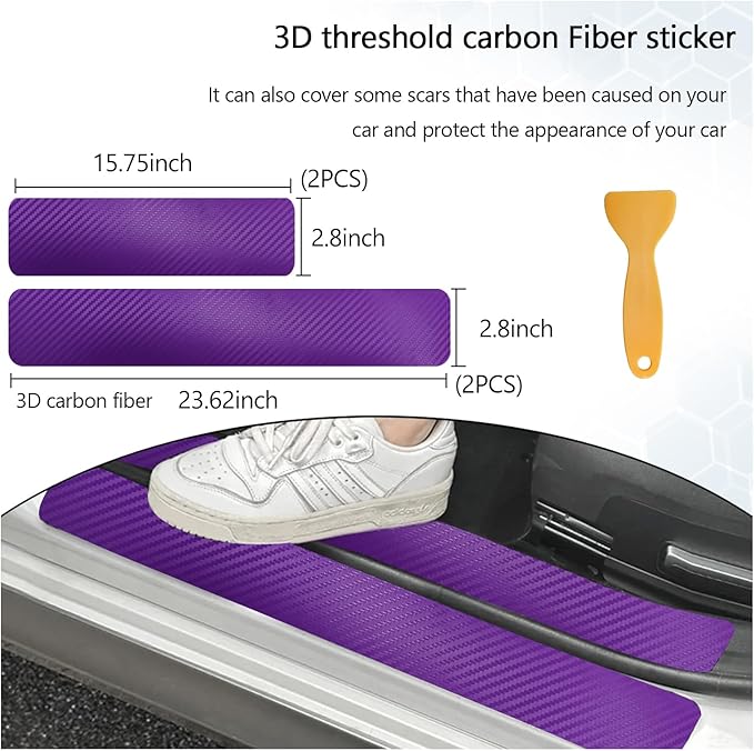 Dickno 4 PCS Car Door Sill Protector, 3D Carbon Fiber Auto Door Entry Edge Guard Protection Trim, Anti-Scratch Threshold Cover Strips, Sill Protection Sticker for Car SUV Truck (Purple)