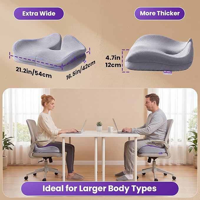 ZZ-WELL Seat Cushions for Office Chairs - Coccyx Cushion for Tailbone Pain Pressure Relief - Memory Foam Butt Pillows for Long Sitting - Patented Design, Extra Large & Thick, 21.2 Inches (Light Grey)
