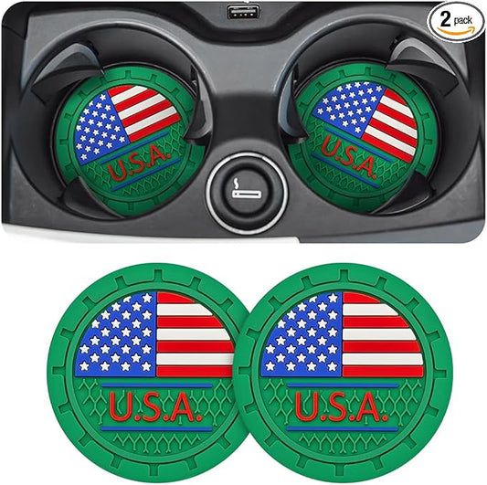 AUCELI 2 Pack Car Cup Holder Coasters, Colored American Flag US Flag Insert Car Cup Coaster, 2.75 Inch Anti Slip Shockproof Embedded Drink Mat, Vehicle Interior Decor Accessories