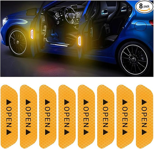 8PCS Reflective Open Warning Stickers for Car Door, Night Visibility Auto Safety Prompt Decals, Anti-Collision Protective Strip Tape, Car Accessories Universal for Truck, SUV, Van (Yellow)