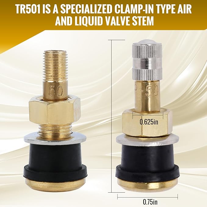 10 Piece TR501 Brass Valve Stems for Commercial Vehicles. Fits 0.748" Valve Hole Dia, Length 1.65'', Brass Colour