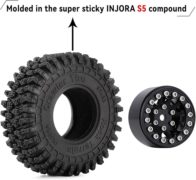 INJORA 1.0 Beadlock Wheel S5 Super Soft Sticky Crawler Tires for TRX4M Axial AX24 SCX24 FCX24 Enduro24 Upgrade, 57 * 22mm(Black)