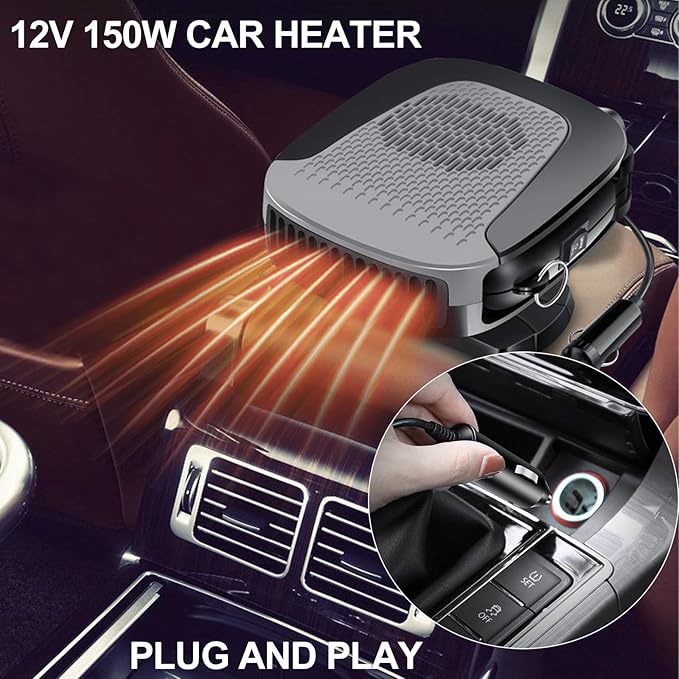 Car Heater With Handle,2IN1 Heating & Cooling, 12V 150W Portable Fast Heating Auto Windshield Defogger Defroster 360 Degree Rotary Automobile Windscreen Heater Plug into Cigarette Lighter