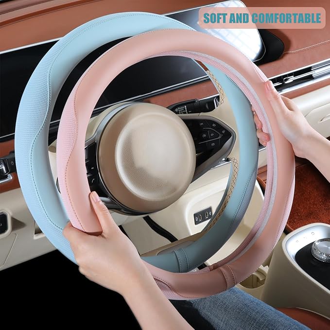 Nappa Leather Gray D Shape Steering Wheel Cover, Advanced Microfiber Leather Non-Slip Breathable Fabric, Warm in Winter and Cool in Summer, Universal 15 inch