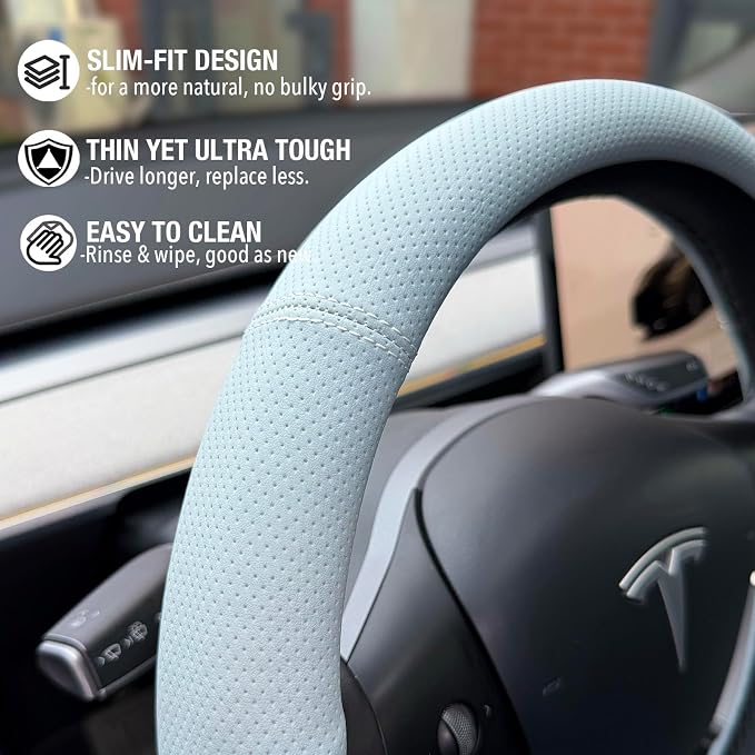 PINCTROT Supported Grip Nappa Leather Steering Wheel Cover for Tesla Model Y/3 Highland/Juniper, D Shaped 14 Inch Small Sized with Breathable Perforation, Flat Bottom 14 Inch(Ice Blue)