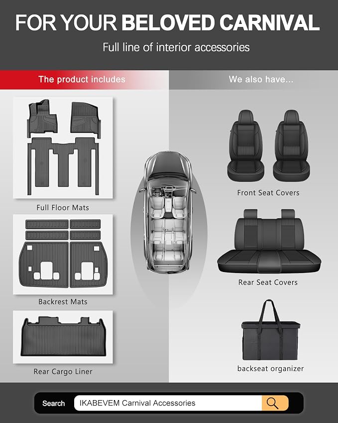 11 PCS Floor Mats for 2025 2026 Kia Carnival Hybrid 8-Seater (Not for Gas) - All Weather TPE Floor Liners Cargo Liner with Backrest Mats Carnival Accessories Custom Fit Trunk Mats Full Set, Black