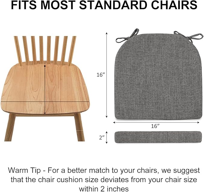 Wellsin Chair Cushions for Dining Chairs 4 Pack - Kitchen Chair Cushions with Ties and Non-Slip Backing - Dining Chair Pads 16"X16"X2", Dark Gray