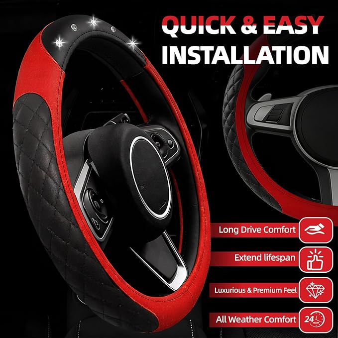 NBTEPEM 6 PCS Bling Car Accessories Set, Leather Steering Wheel Covers Universal 14.5-15 inch, Center Console Cover, Seat Belt Cushion, Cup Holder Coaster (Red)