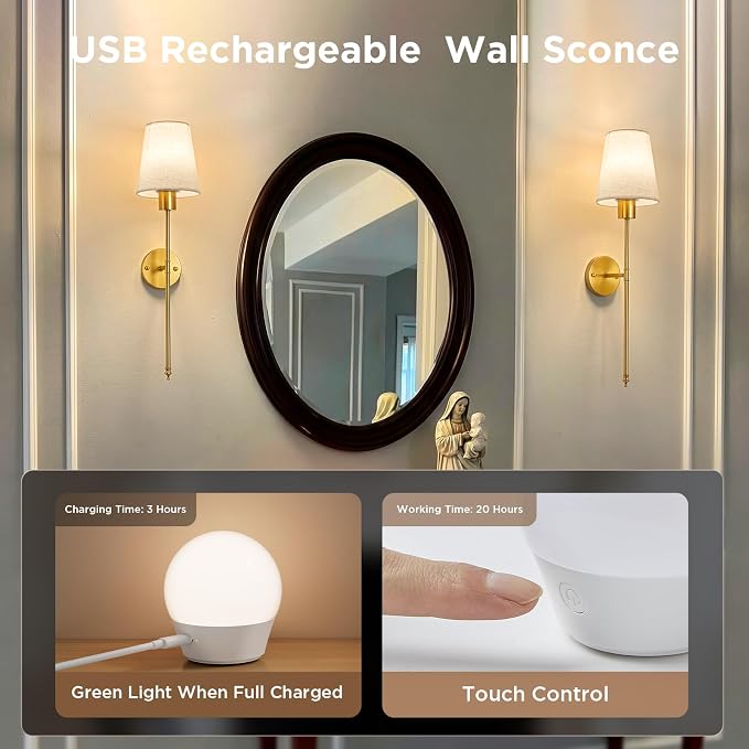 Brightown Battery Operated Wall Sconce Set of 2,Wireless Rechargeable Wall Lights with Dimmable Magnetic Bulbs and Remote for Living Room，12 Colors Linen Wall Lamp for Bedroom Hallway Decor
