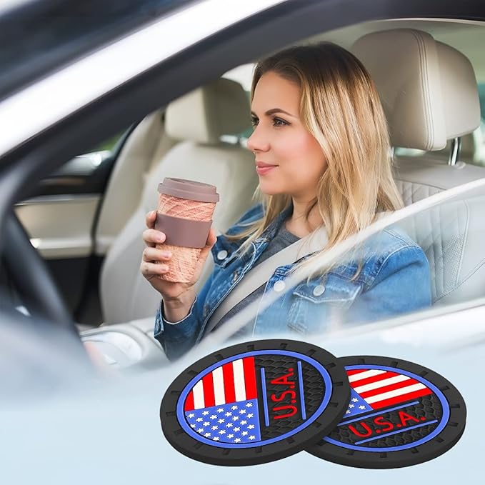 AUCELI 2 Pack Car Cup Holder Coasters, Colored American Flag US Flag Insert Car Cup Coaster, 2.75 Inch Anti Slip Shockproof Embedded Drink Mat, Vehicle Interior Decor Accessories