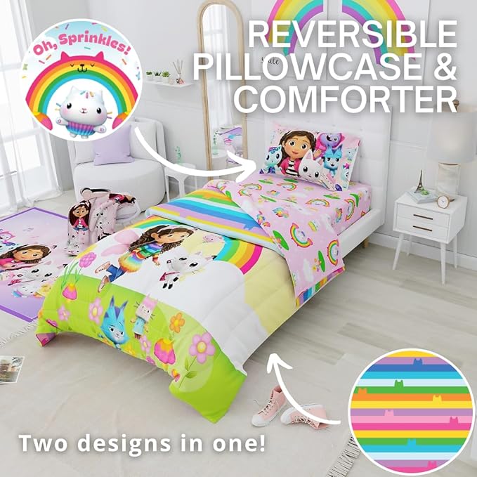 DreamWorks Gabby's Dollhouse Cakey, Mercat and Pandy Kids Bedding Super Soft Comforter and Sheet Set, 5 Piece Full Size, (Official Licensed Product) by Franco