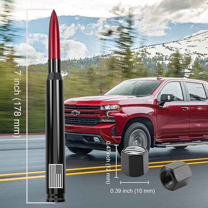 Car Truck Antenna with Tire Valve Caps American Flag Short Replacement for GMC Sierra Chevy Silverado Dodge Ram 1500 2500 3500 Ford F150 F250 F350 Super Duty Raptor Accessories, Red