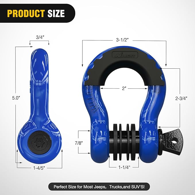 Nilight 3/4 inch D Ring Shackle 2 Pack 19T (41,887 lbs) Break Strength 4.75T WLL Heavy Duty Towing Hook with Anti-Theft System Anti-Rattle Isolators for Truck Jeep SUV ATV UTV Recovery Blue