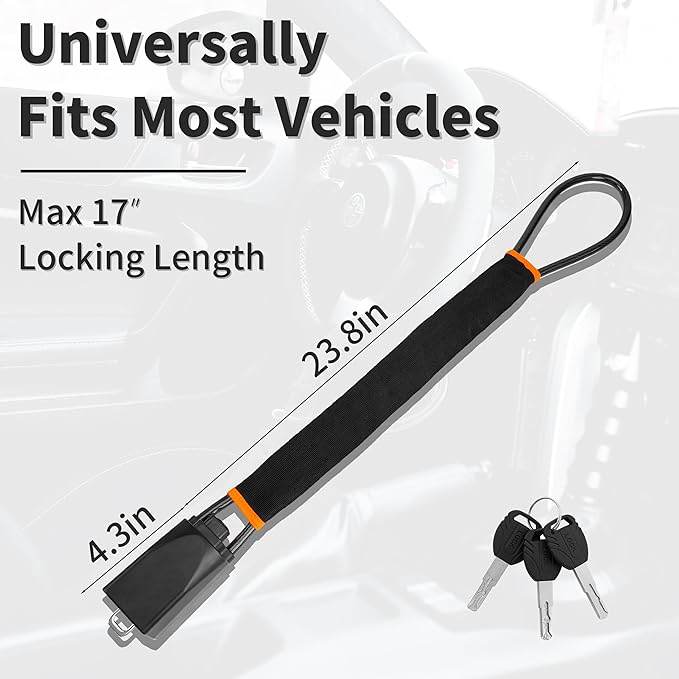 Car Steering Wheel Lock, 1 Pack Anti Theft Car Device with Max 17” Locking Length, Thickened Steel Wire, and Fine Stitched Edges, 3 Keys Included, Easy to Store, Fits Most Vehicles, SUVs（Black）