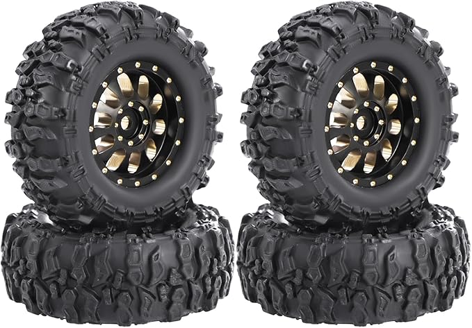 4pcs SCX30 Brass Offset 0.7'' Wheels Set with Rubber Tires Sponge Insert for AXIAL SCX30 Ford Bronco JEEP WRANGLER JLU RC Crawler Upgrade Part ﻿ (Black 10-hole set)