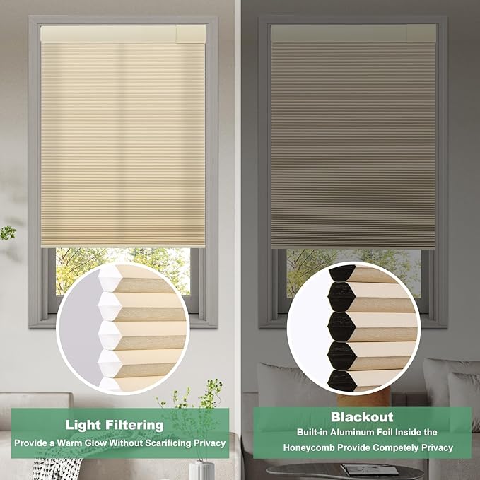 Tonature No Drill Cellular Shades for Indoor Windows, Thermal Insulating & Noise Reducing Honeycomb Blinds, Free Stop Cordless Light Filtering Shades, Beige,31" W x 64" H