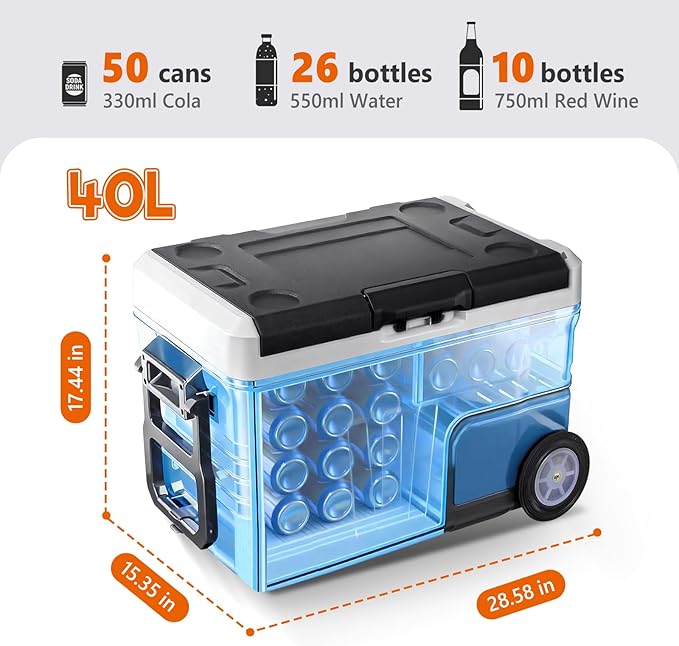 OLIXIS Portable Car Refrigerator, 42QT Dual-Zone Electric Cooler for Vehicles with Wheels & Cutting Board, -4℉-68℉ Freezer Smart Control via Bluetooth, Battery Protection, 12/24V DC & 100-240V AC