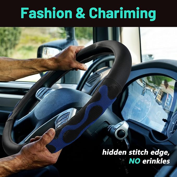DaisyInner 17.5-18 Inch Truck Steering Wheel Cover Leather Wheel Semi-Truck Comfy Grip Cover with 3D Honeycomb Anti-Slip Design Car Accessory, Fits RV, Big Rig and Classic Car(Blue, Classic Style)