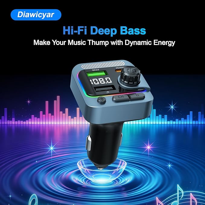 FM Transmitter Bluetooth Car Adapter - 63W Wireless Radio FM Bluetooth Transmitter with Deep Bass Player for Old Cars [PD 45W & QC3.0], Car Charger USB C Fast Charge, Hands-Free Calling, Blue