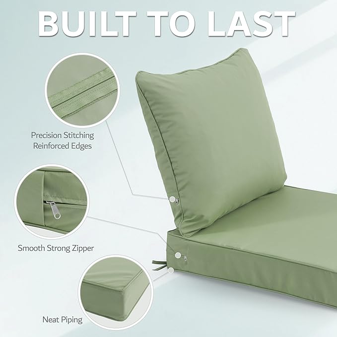 22x22 Inch Patio Chair Cushions Set of 4, Outdoor Furniture Cushions - Removable Cover, Water-Repellent, Fade-Resistant, Non-Slip Bottom & Straps, Replacement for Lawn, Porch & Deck Chair - Sage Green