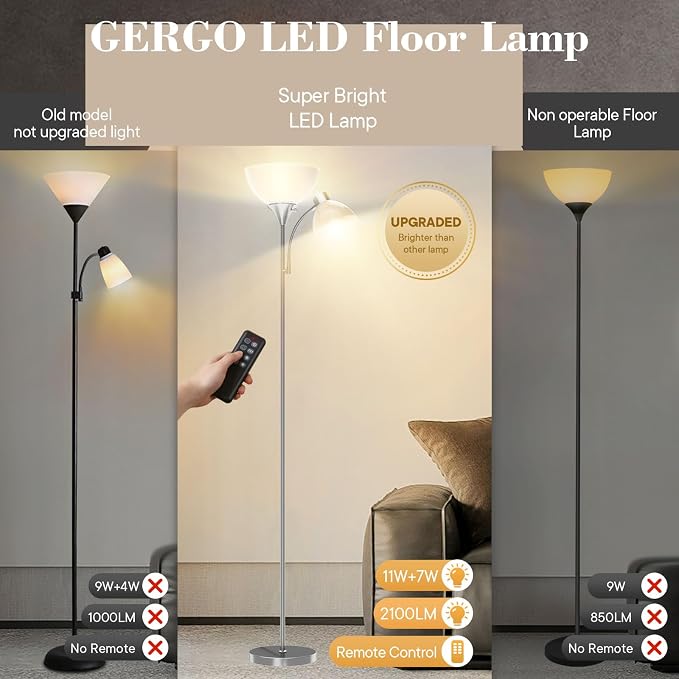 GERGO Floor Lamp, Remote Control with 4 Color Temperatures, LED Torchiere Floor Lamp with Adjustable Reading Lamp for Bedroom, Standing Lamps for Living Room, Bulb Included (Brushed Nickel)