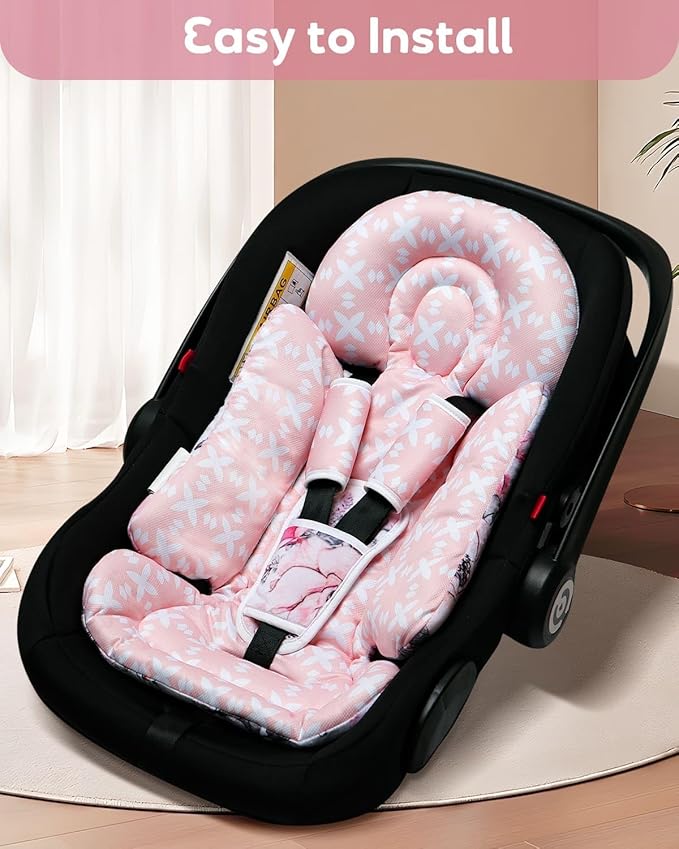 BOMOLOUR Infant Car Seat Insert, Enlarged Head Support for Baby Carseat, Reversible Newborn Insert with 3 Strap Covers, 2-in-1 Baby Car Seat Cushion for Stroller, Swing, Bouncer, Rocker - Pink Floral