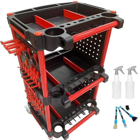 3-Tier Auto Detailing Tool Cart with 4 Hanging Boards & Wheels | Portable Garage, DIY, Home Studio & Workshop Organizer for Car Detailing Tools & Storage